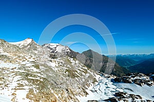 Panoramic view on the mountains of High Tauern Alps in Carinthia and Salzburg, Austria, Europe. Glacier lakes of the Goldbergkees