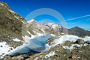 Panoramic view on the mountains of High Tauern Alps in Carinthia and Salzburg, Austria, Europe. Glacier lakes of the Goldbergkees