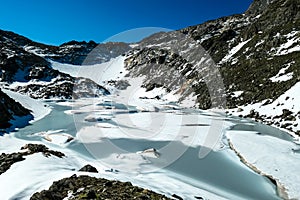 Panoramic view on the mountains of High Tauern Alps in Carinthia and Salzburg, Austria, Europe. Glacier lakes of the Goldbergkees