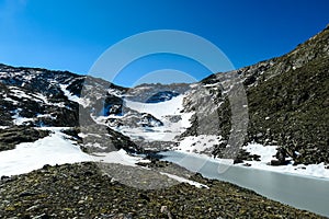 Panoramic view on the mountains of High Tauern Alps in Carinthia and Salzburg, Austria, Europe. Glacier lakes of the Goldbergkees