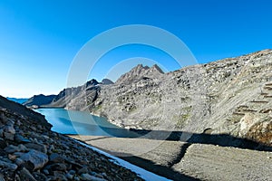 Panoramic view on the mountains of Hohe Tauern Alps in Carinthia, Austria, Europe. A lake reflection and water reservoir on the