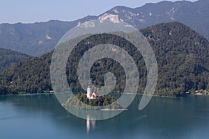 Panoramic view of the mountains and Lake Bled with an island and a church near Ljubljana, Slovenia