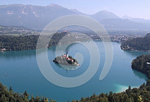 Panoramic view of the mountains and Lake Bled near Ljubljana, Slovenia