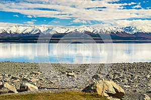 Panoramic view of the mountains and lakeside reflecting the turquoise water Lake Pukaki