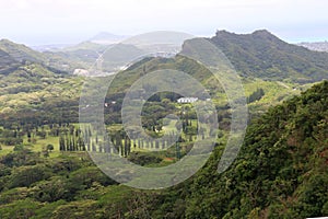 Panoramic view of mountains and a lush, green valley from the Nu‘uanu Pali lookout, Oahu.