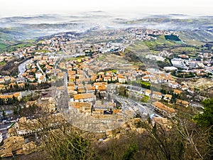 Panoramic view of mountains in Republic of San Marino in early m