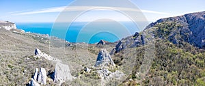 Panoramic view of Mountains temple of the Sun Tyshlar rocks in Crimea