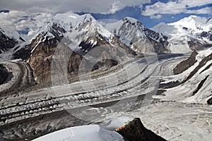 Panoramic view from mountainside of Khan Tengri peak, North Inylchek glacier, Tian Shan mountains