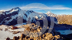 Panoramic view of Mt Cook mountain range with Mueller hut, NZ