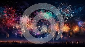 A panoramic view of a multitude of fireworks in various stages of explosion, creating a tapestry of colors against a starless