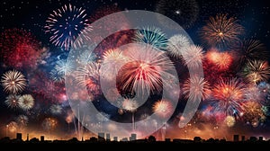 A panoramic view of a multitude of fireworks in various stages of explosion, creating a tapestry of colors against a starless