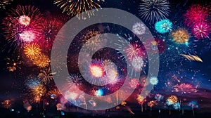 A panoramic view of a multitude of fireworks in various stages of explosion, creating a tapestry of colors against a starless