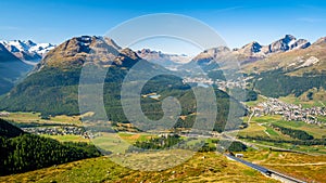 Panoramic view from Muottas Muragl of Upper Engadine GraubÃ¼nden, Switzerland