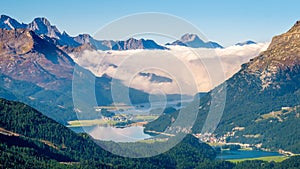 Panoramic view from Muottas Muragl of Upper Engadine GraubÃ¼nden, Switzerland