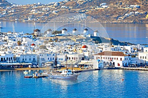 Panoramic view of Mykonos town, Cyclades islands, Greece