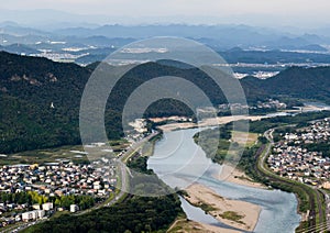 Panoramic view of Nagara river flowing through Gifu city from the top of Gifu castle