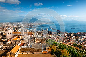 Panoramic view of Naples city and Gulf of Naples, Italy. Vesuvius volcano in the background
