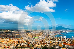 Panoramic view of Naples city and Gulf of Naples, Italy. Vesuvius volcano in the background