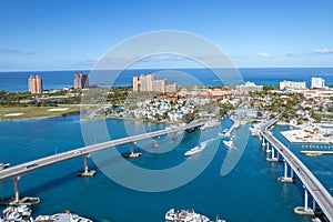 The panoramic view of Nassau harbour and Paradise Island, Nassau, Bahamas.