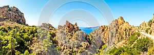 Panoramic view at the nature of Calanques de Piana near road to Ajaccio in Corsica, France