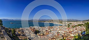 Panoramic view of Nauplio town and Bourtzi from the historical Clock tower hill. Argolis - Greece