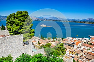 Panoramic view of Nauplio town and Bourtzi from the historical Clock tower hill. Argolis - Greece
