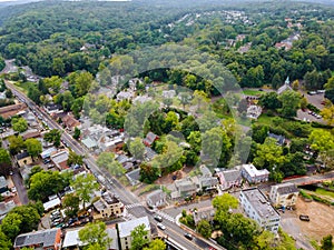 Panoramic view of a neighborhood in roofs of houses the historic small town New Hope Pennsylvania