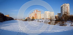 Panoramic view of the new residential neighborhood in winter. Balashikha, Russia