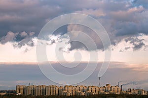 Panoramic view of newly built residential complex. construction of residential houses in microdistricts.