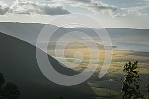 Panoramic view of the Ngorongoro Conservation Area on a clear day from the mountainside. Tanzania, Africa