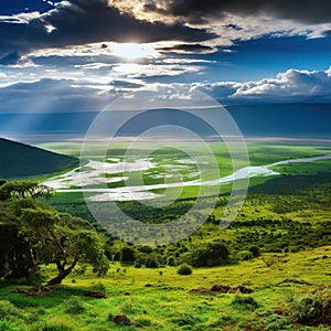 Panoramic view of Ngorongoro crater and