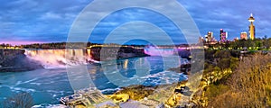 Panoramic view of Niagara Falls in the evening from Canada