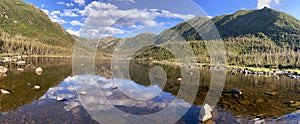 Panoramic view with nice reflections of Lac aux Americains, Gaspesie National Park, Quebec