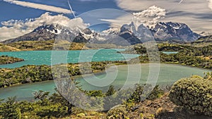 Panoramic view of NordenskjÃÂ¶ld lake, Paine Grande, los Cuernos and Monte Almirante Nieto photo