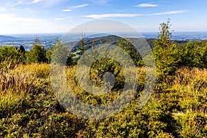 Panoramic view of northern Beskidy mountains with Gancarz peak seen from Leskowiec peak in Little Beskids mountains in Poland