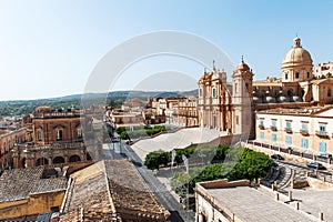 Panoramic view of Noto baroque city hall and cathedral, UNESCO world heritage site, Sicily, Italy