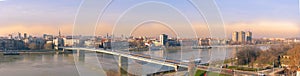 Panoramic view of Novi Sad, Serbia cityscape with two bridges, Danube river and part of the Petrovaradin fortress in the beautiful