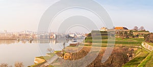 Panoramic view of Novi Sad, Serbia cityscape with two bridges, Danube river and part of the Petrovaradin fortress in the beautiful