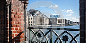 Panoramic view from Oberbaum bridge, Kreuzberg east side, Berlin, Germany. Blue sky, ships and city background