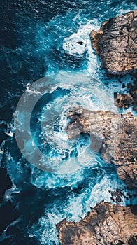 A panoramic view of the ocean with waves crashing against rocks along the coastline