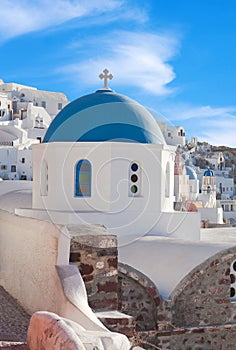 Panoramic view of Oia town at sunset, Santorini island, Cyclades, Greece