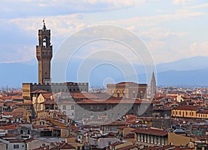 Panoramic view of old buolding called PALAZZO VECCHIO in Florence In Italy