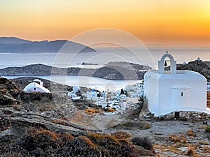 Panoramic view of the old city Chora at sunset cycladic islands, Ios Greece