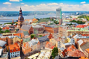 Panoramic view of the old city of Riga, Latvia from the tower Church of St. Peter. Summer sunny day