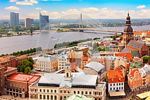 Panoramic view of the old city of Riga, Latvia from the tower Church of St. Peter. Summer sunny day