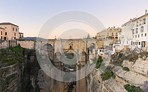 Panoramic view of the old city of Ronda, one of the famous white villages, at sunset in the province of Malaga, Andalusia, Spain