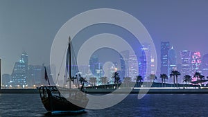 A panoramic view of the old dhow harbour night timelapse in Doha, Qatar, with
