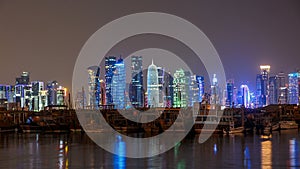 A panoramic view of the old dhow harbour night timelapse in Doha, Qatar, with the West Bay skyline in the background.