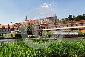Panoramic view  of Old european castle and fauntain, Czech republic.