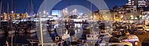 Panoramic view of old harbour of Heraklion with Venetian Koules Fortress at the night. Crete, Greece..Heraklion by night HD panora